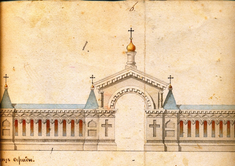 Вид боковых ворот (со стороны ул. Свободы) на проекте стройки новой каменной ограды с двумя воротами и каменной сторожки кругом кладбища при городе Чухлома, октябрь 1875 года.